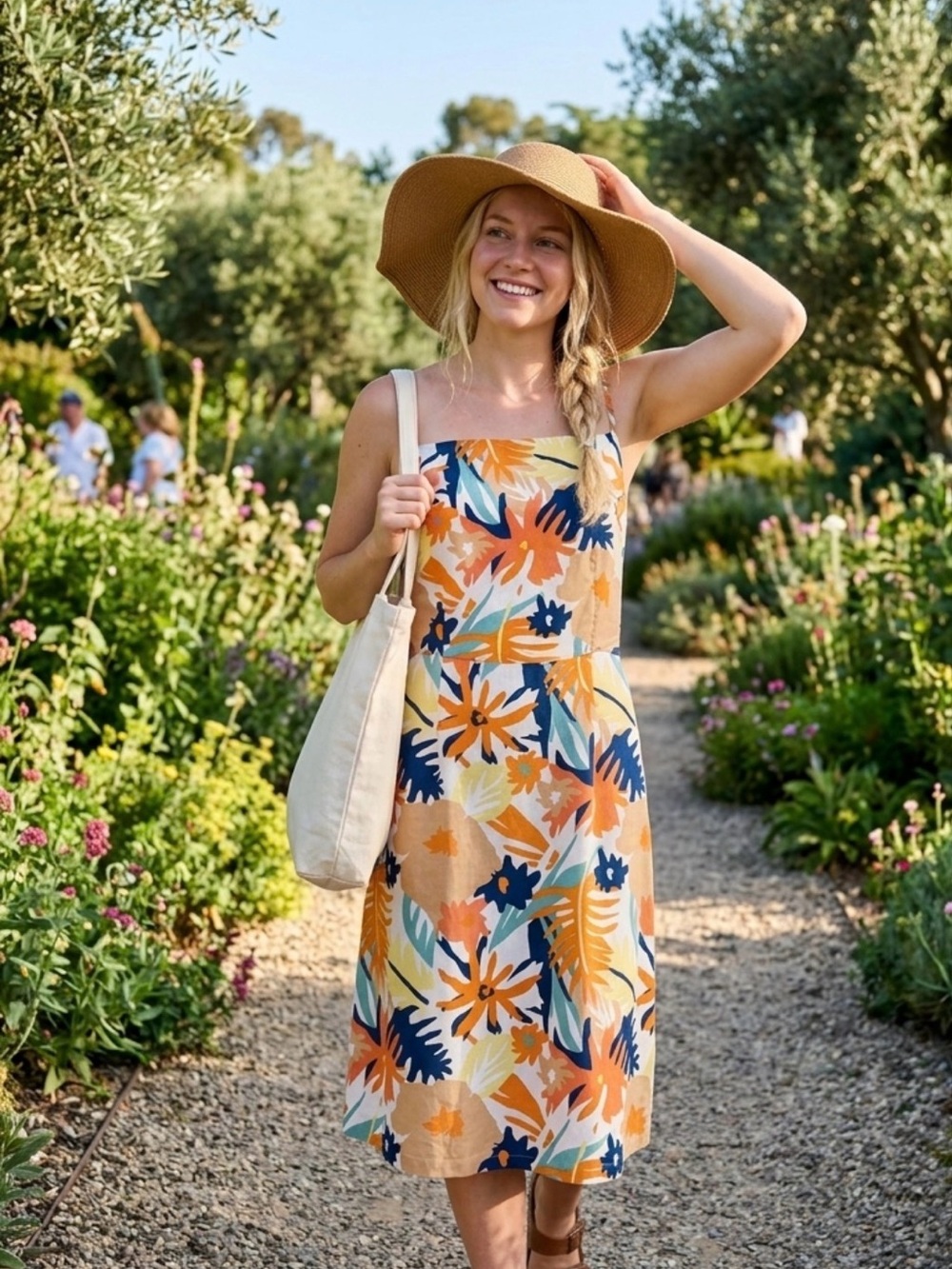 Roxy Tropical Floral Midi Sundress in Orange/Navy/White/Yellow flowers